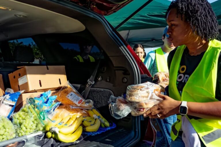 Voluntarios repartiendo cajas de alimentos en Florida