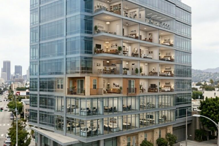Edificios de oficinas en Los Ángeles, algunos con ventanas vacías, ilustrando la alta tasa de vacancia.