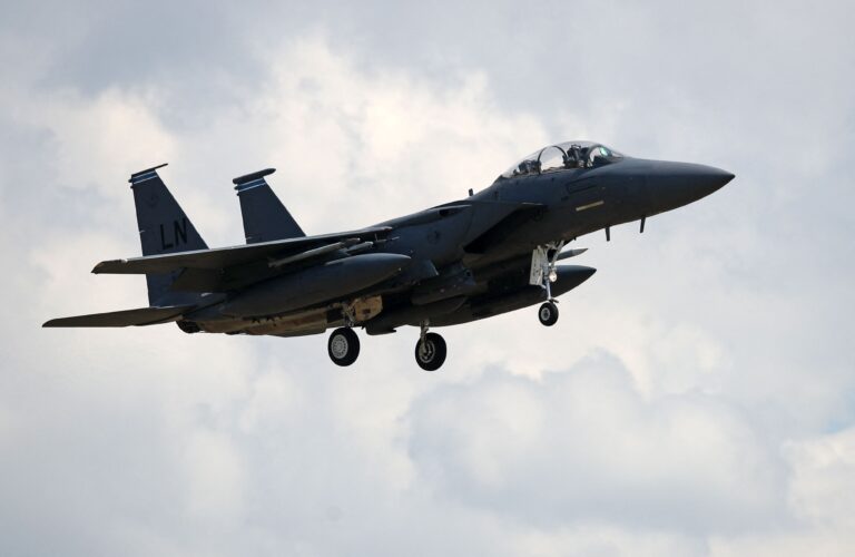 Ilustración de un caza F-15E en vuelo sobre un terreno montañoso.