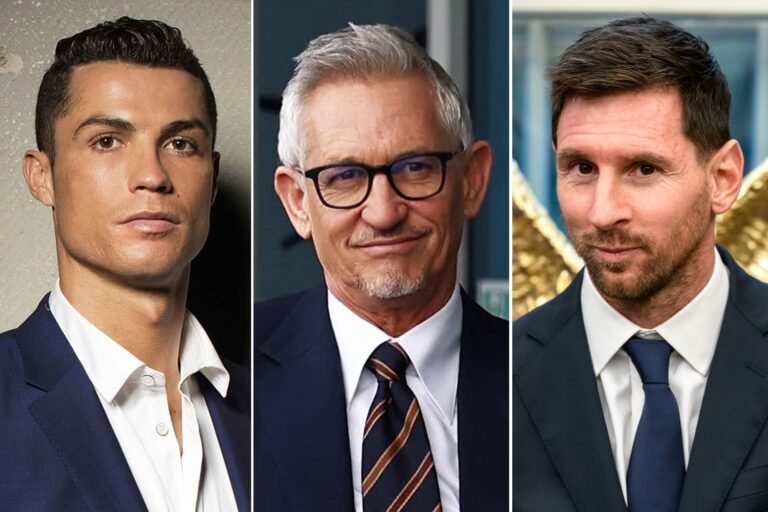 Gary Lineker hablando en un estudio, con imágenes de Lionel Messi y Cristiano Ronaldo de fondo.