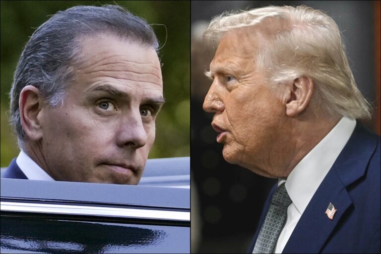 Hunter Biden en una imagen reciente, junto a los logos de las familias Biden y Trump.