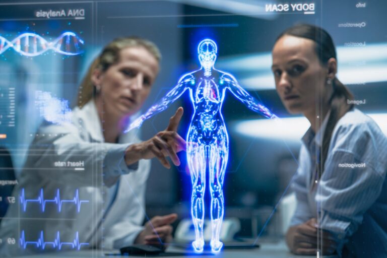 Representación visual de un gemelo digital y algoritmos de inteligencia artificial analizando datos médicos para tratamientos oncológicos.