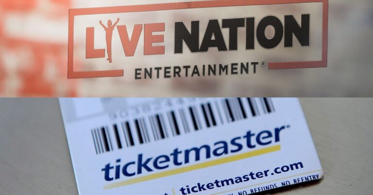 Logotipos de las empresas Live Nation y Ticketmaster con un símbolo de balanza de la justicia en el fondo.