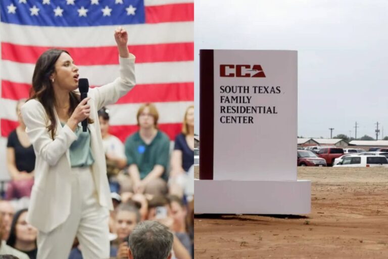 Manifestantes protestando frente al centro de detención South Texas Family Residential Center en Dilley, Texas.