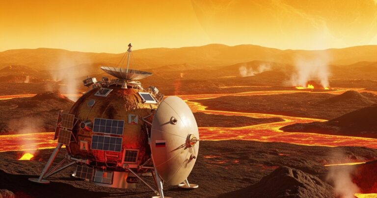 Ilustración artística de la sonda Venera-D de Rusia en la superficie de Venus.