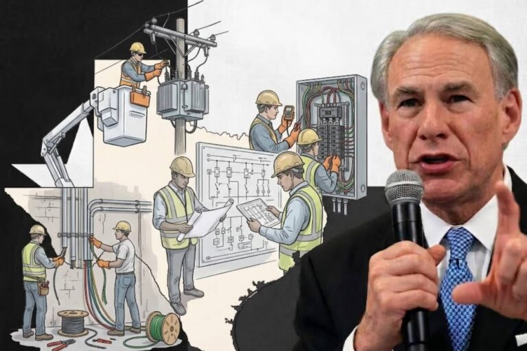 Ilustración de un electricista trabajando con herramientas, con el mapa de Texas de fondo.