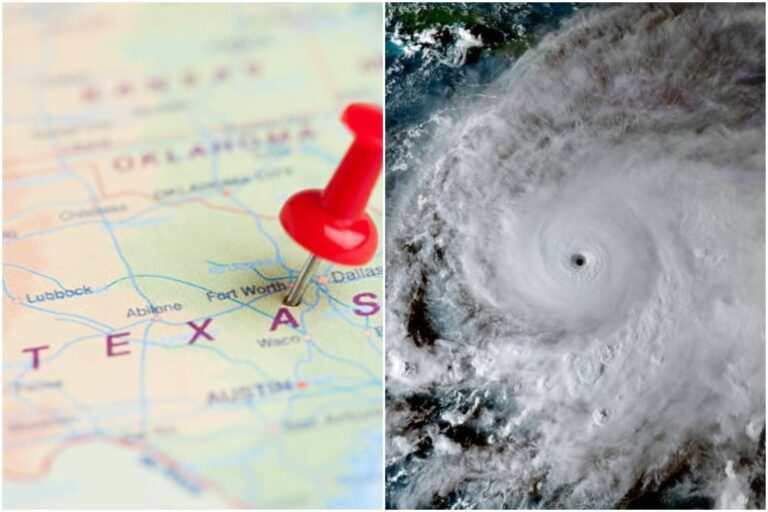 Mapa meteorológico mostrando la costa de Texas y el Golfo de México, con símbolos de tormenta.